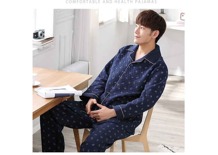 Bộ đồ ngủ nam mùa thu cotton dài tay mùa thu và mùa đông mẫu nam cotton dày nam trung niên phục vụ chăn bông do bo nam trung nien