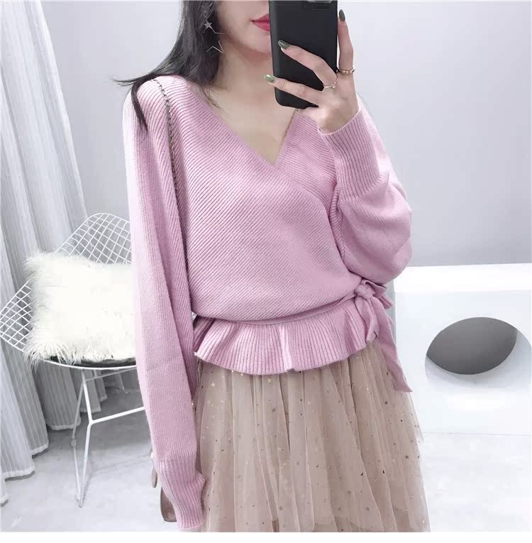 Lười gió sang trọng đầu mùa thu áo len nữ tay dài mùa thu trái tim máy Pháp V-cổ thiết kế ý nghĩa áo sơ mi nữ khí chất tự tu áo len nữ cổ tròn dài tay
