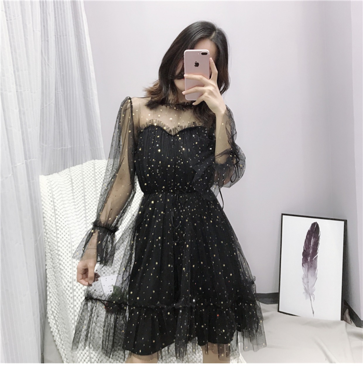 Sequins openwork lưới váy mùa thu 2018 mới của phụ nữ phần dài eo Một từ fluffy công chúa váy là mỏng đầm xòe dài qua gối