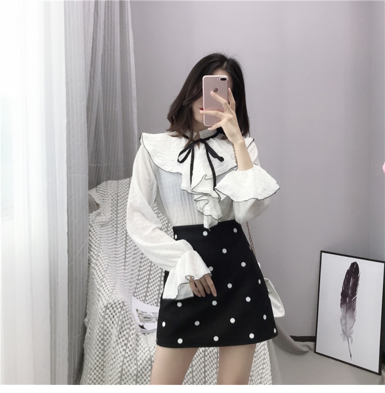 Đầm dự tiệc điểm xòe gió phiên bản Hàn Quốc của váy chữ A dày cạp cao eo retro len ngắn váy nữ thu đông 2018 mới chân váy dài công sở