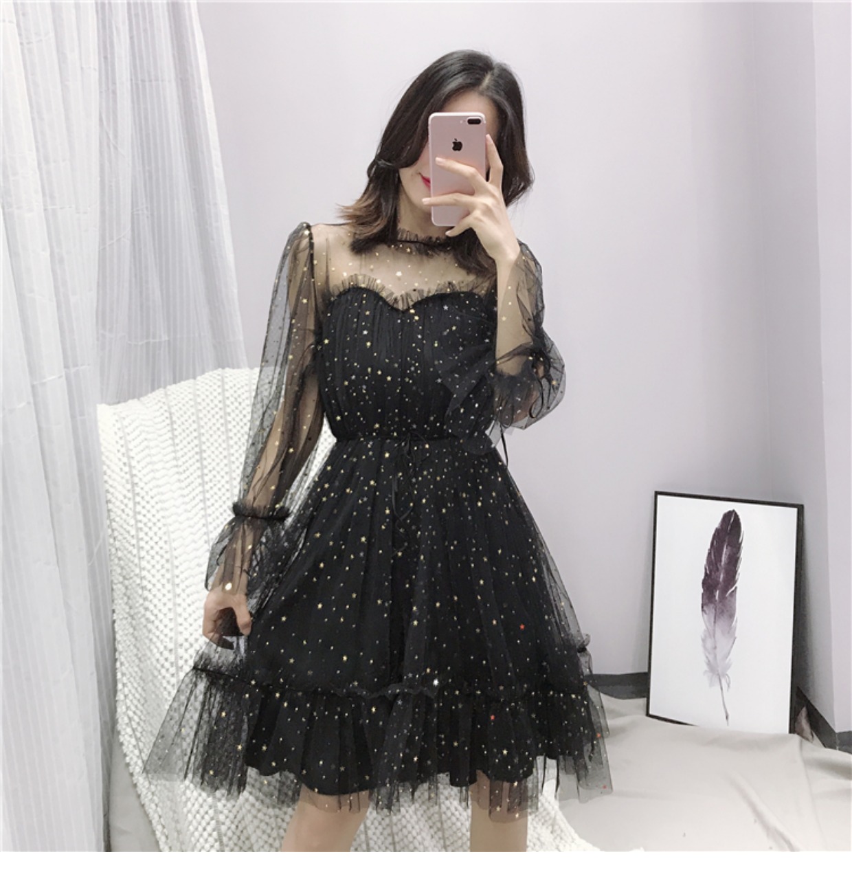 Sequins openwork lưới váy mùa thu 2018 mới của phụ nữ phần dài eo Một từ fluffy công chúa váy là mỏng đầm xòe dài qua gối