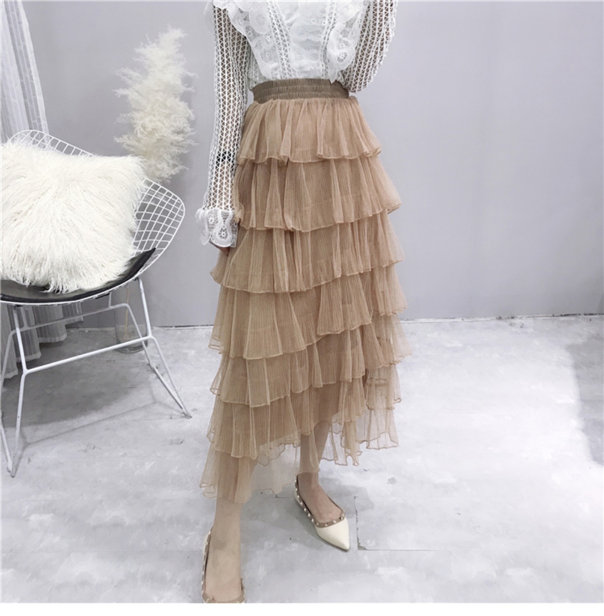 Váy lưới nữ váy mùa thu 2018 mới hoang dã chic chic mùa thu dịu dàng nhẹ nhàng chân váy ôm
