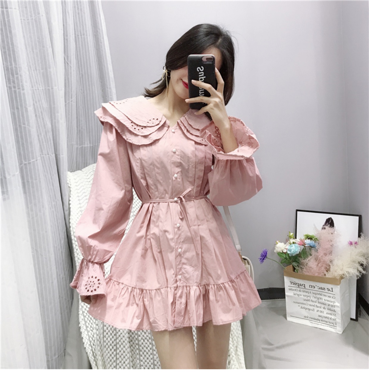Phụ nữ lạnh của bến cảng hương vị retro Sen nữ dài tay đầm nữ ngắn ulzzang búp bê váy Một từ váy ngắn mẫu chân váy chữ a ngắn