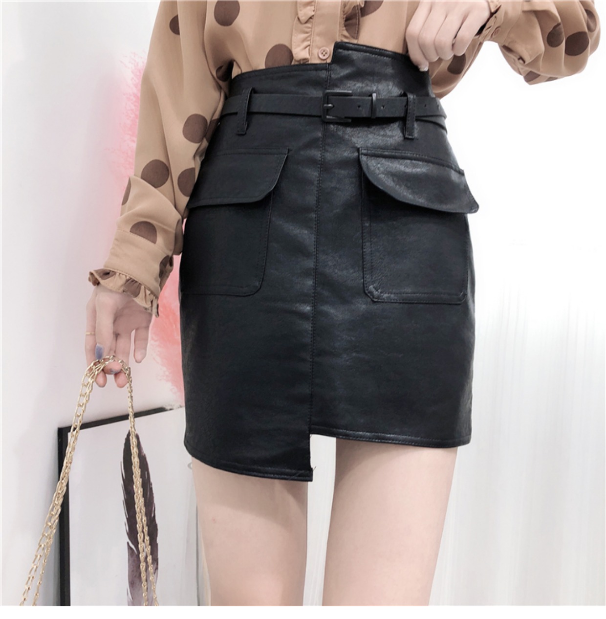 Hàn quốc phiên bản của cao bất thường eo nhỏ da váy nữ 2018 new Hồng Kông hương vị retro váy hoang dã Một từ chic váy chân váy xòe