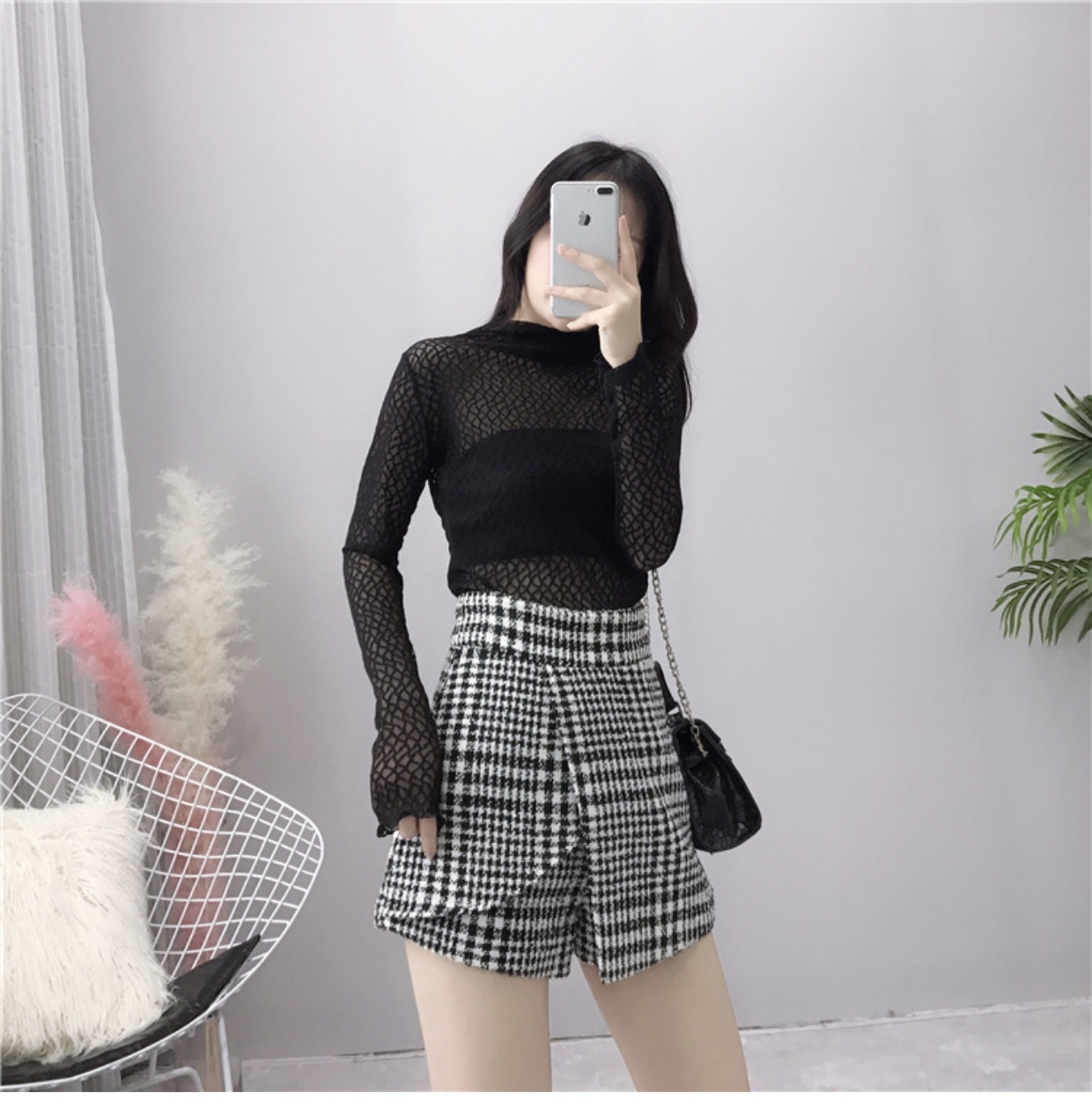 Phiên bản Hàn Quốc của quần short len ​​houndstooth nữ mùa thu đông 2018 mới hoang dã không thường xuyên mặc quần cạp cao quần lọt khe quần short jean nữ giá rẻ