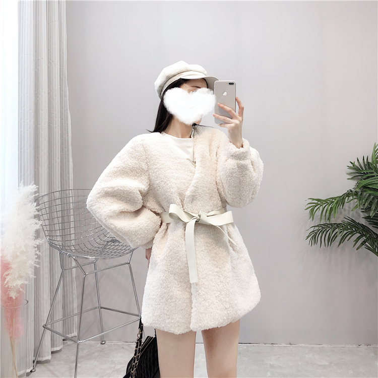 Áo khoác lông cừu hình tròn chic chic nữ mùa đông 2018 mới phiên bản Hàn Quốc lỏng lẻo áo khoác lông bông bf eo áo khoác dạ dáng dài hàn quốc