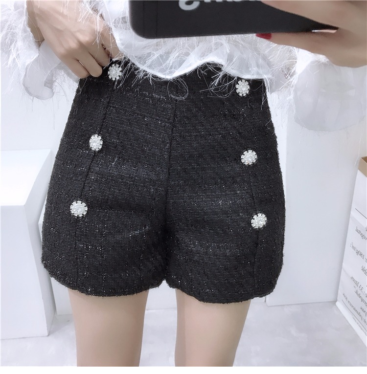 Quần short cạp cao màu đen nữ mùa thu 2018 phiên bản mới của Hàn Quốc tự may sang trọng hương vị quần len thơm giản dị đồ nữ đẹp
