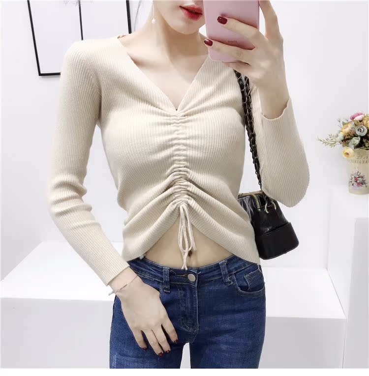 Áo len nữ mùa thu kiểu Hàn Quốc tự may sơ mi DrawString cổ chữ V sang trọng kiểu Hồng Kông dài tay nhỏ tươi nhỏ sơ mi nữ ngắn đoạn áo len nữ đẹp 2021