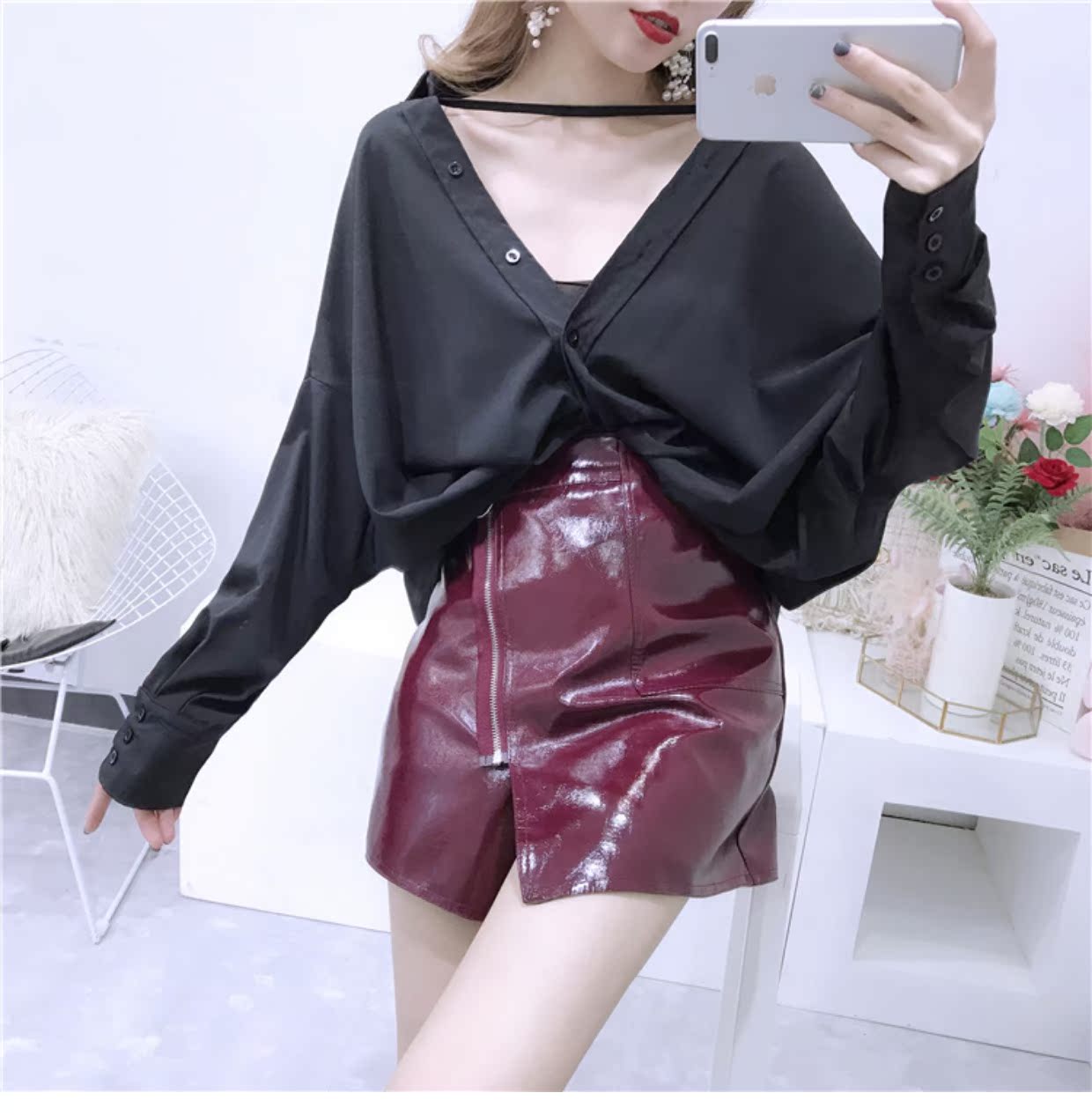Áo Hồng gió sang trọng sơ mi nữ thu đông 2018 mới Han Fan V-cổ thon voan voan lửng khoét gợi cảm hoang dã áo sơ mi trắng nữ đẹp