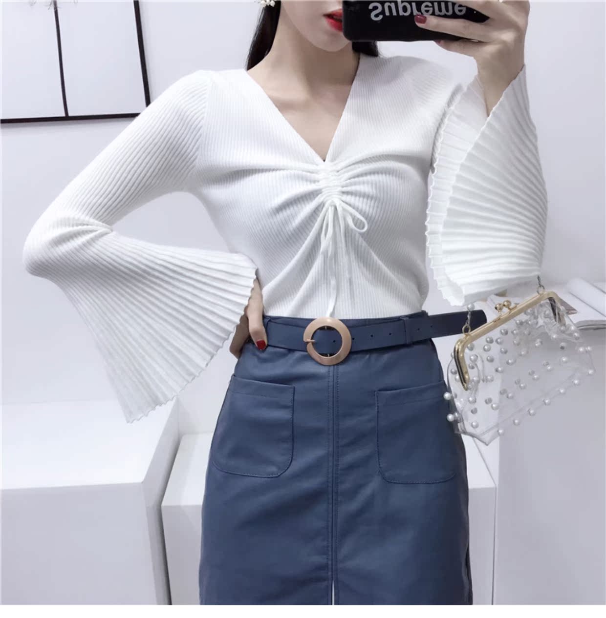 Thu đông phong cách Hàn Quốc ngọt ngào nhỏ dây rút kèn tay áo len mỏng cổ chữ V cổ áo sơ mi nữ dài tay áo khoác len