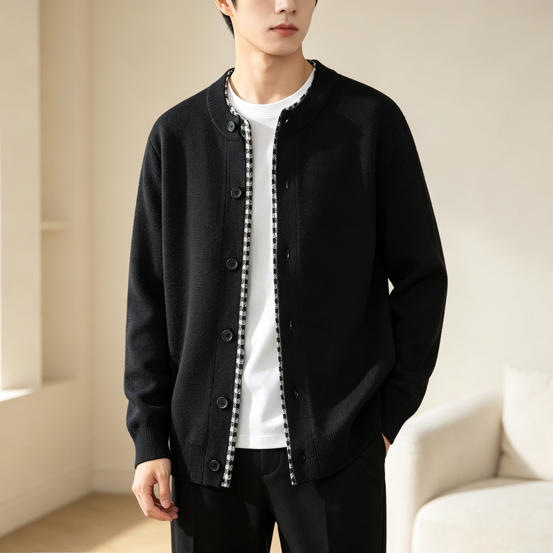 Fake Two-Piece Plaid Patchwork Knit Sweater for Men, Autumn and Winter Casual Warm Button-Up Cardigan Jacket, Trendy for Young People Fake Two-Piece Plaid Patchwork Knit Sweater for Men, Autumn and Winter Casual Warm Button-Up Cardigan Jacket, Trendy for Young People