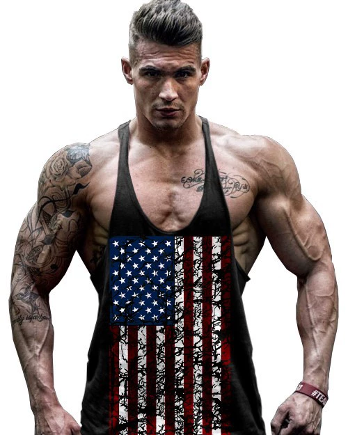 Áo tập thể dục GYM áo thun thể thao thấm mồ hôi Cờ Mỹ rách cơ cotton Áo sơ mi nam Âu và Mỹ tank top
