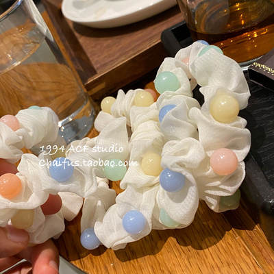 Chaifu Studio /F353 INS Sweet style beaded gauze hair band, simple candy color series, high elasticity hair tie