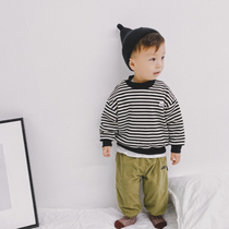 Boy gush clothing pure cotton striped children autumn and winter clothing semi-high collar sweatshirt thickened Korean version of childrens baby blouses