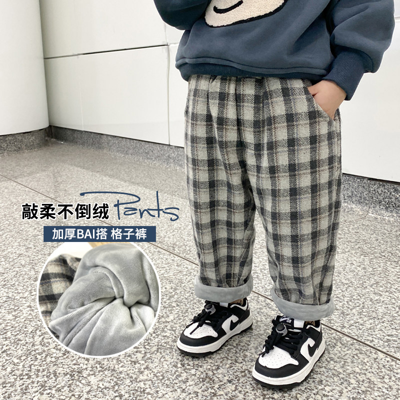 Boys plaid pants winter wear 2021 new children's fleece trousers autumn and winter children's all-in-one velvet casual pants