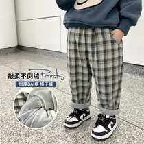 Boy Plaid Pants Winter Clothing 2021 New Children Plus Suede Long Pants Autumn winter Children integrated suede casual pants