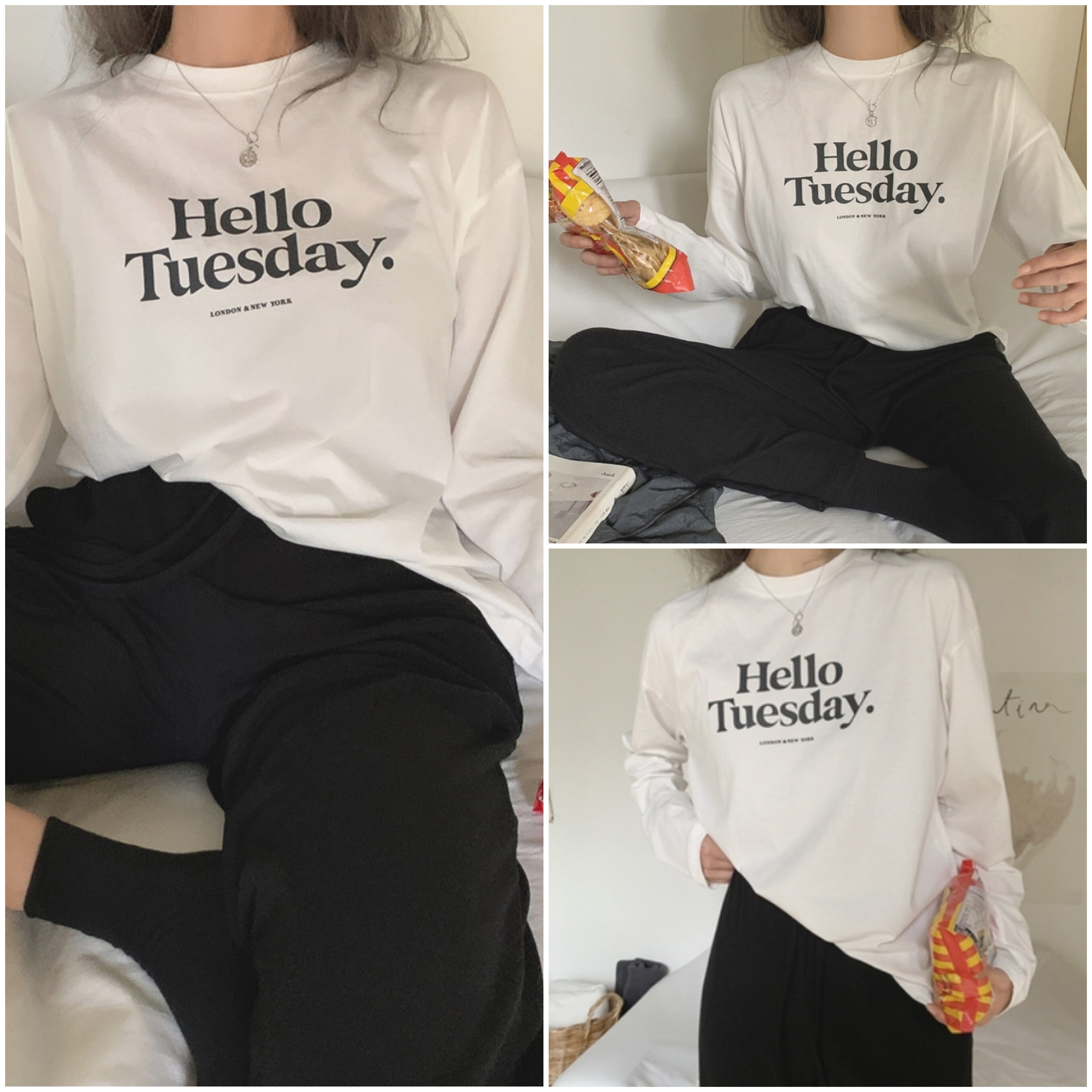 Now mocostreet Korea 22 Spring paragraph basic letter matching color round collar long sleeve T-shirt