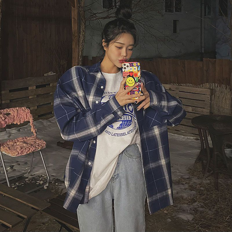 Lagirl Korea 21 new Han version of casual Briton loose grid long sleeve shirt