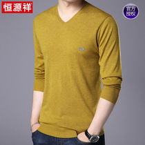 Hengyuanxiang mens long-sleeved T-shirt V-neck spring and autumn thin section with wool knitted bottoming shirt young and middle-aged solid color sweater men