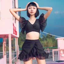 ins Wind hot spring swimsuit split skirt conservative three-piece black slim cute Japanese girl sweet Korean