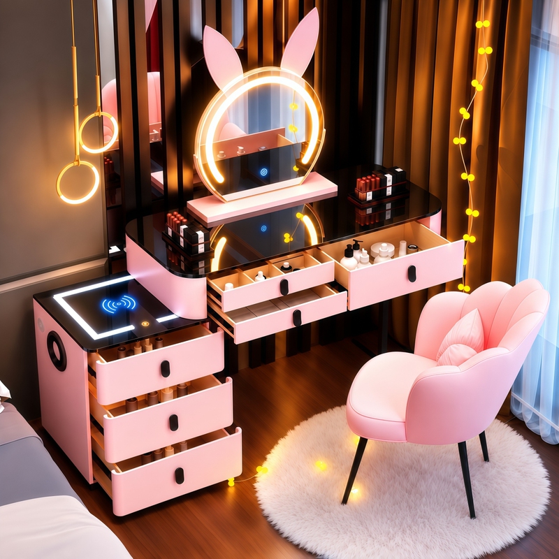 All Solid Wood Cream Style Pink Dressing Table Bedroom Modern Simple Light Luxury Dressing Table Small Apartment Storage Cabinet Integrated
