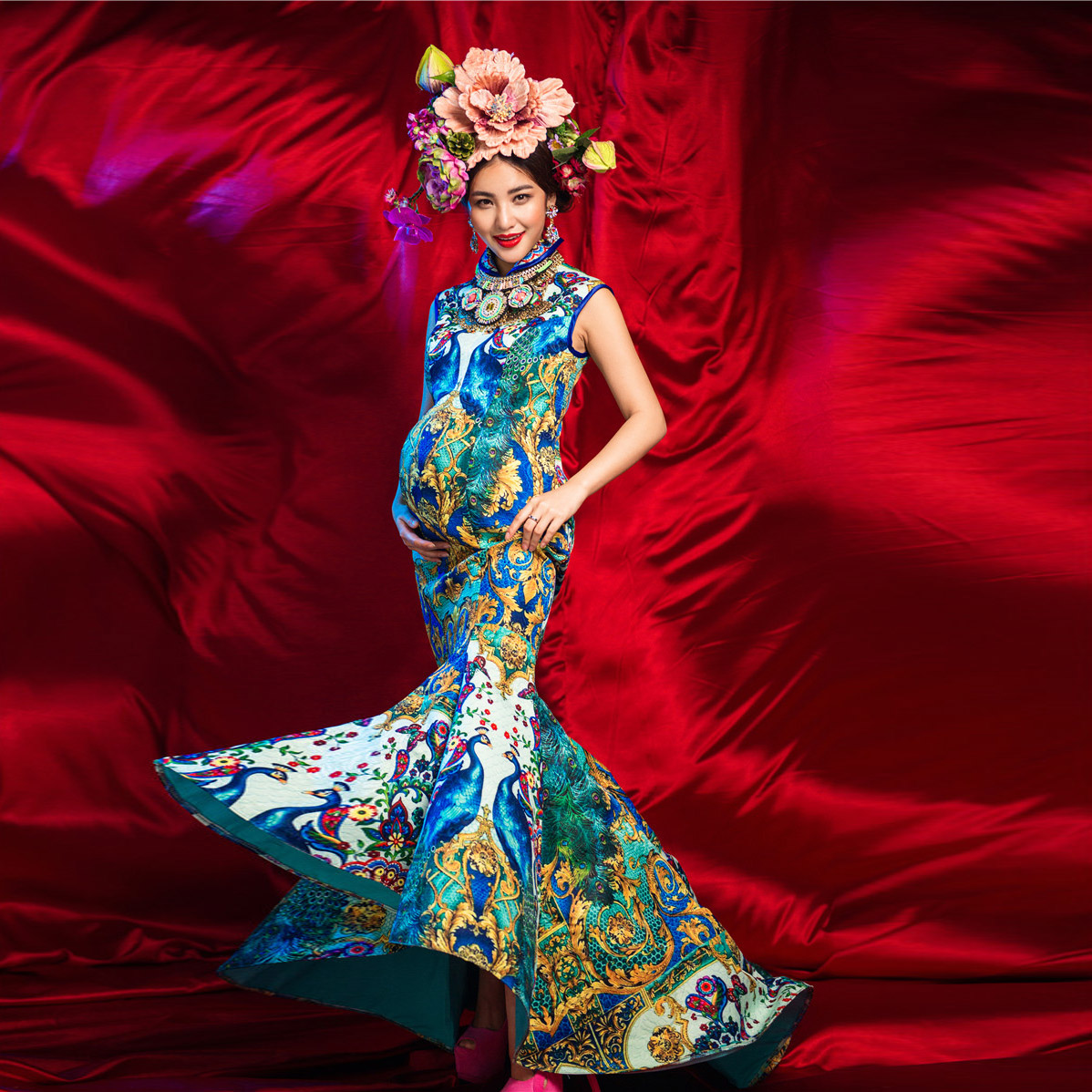 2018 Photo Studio quần áo thai sản dịch vụ ảnh Trung Quốc phong cách retro dress sườn xám mực sơn đột quỵ mang thai mẹ ảnh quần áo