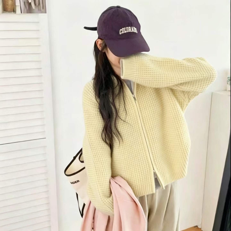 Lazy Style Waffle Double Zipper Knitted Cardigan for Women, New Autumn and Winter Loose Hooded Sweater Jacket Top