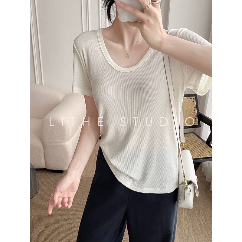 Tencel Linen Acetate U-Neck Short-Sleeved T-Shirt for Women Summer 2026 New Style Loose Slimming Basic Lithe Cool Top