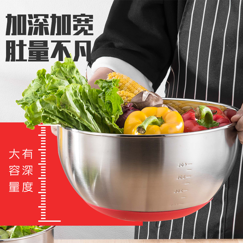 Stainless steel basin round egg-pelted basin anti-slip silicone bottom basin deepen and face basin milk bubble machine cream basin stirring tool