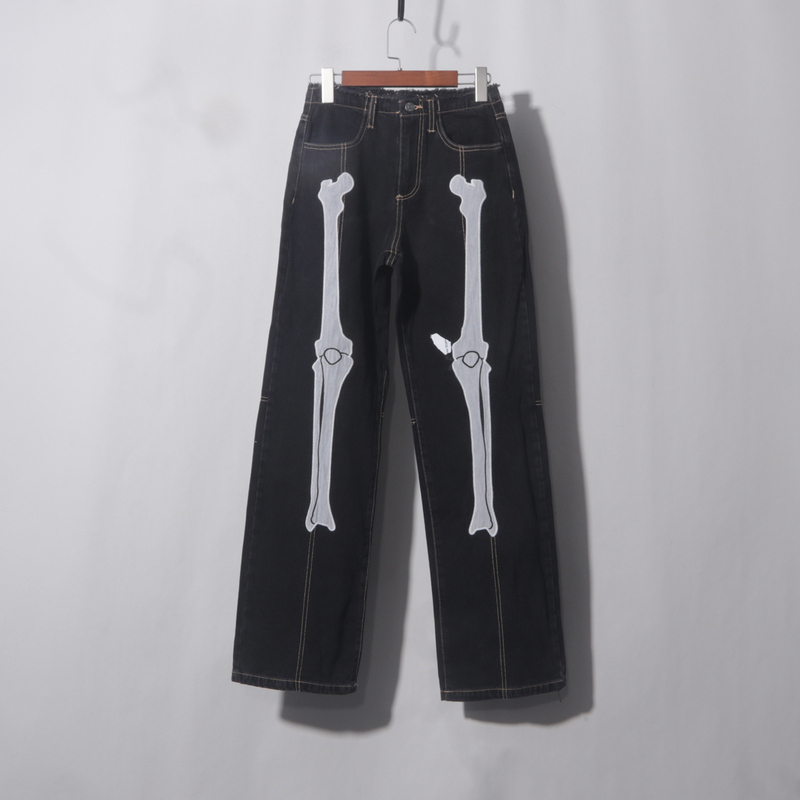 Bone-Shaped Black and Gray Waistband Frayed Wide-Leg Pants High-Waisted Pure Cotton Denim American Niche Loose Slimming Straight-Leg