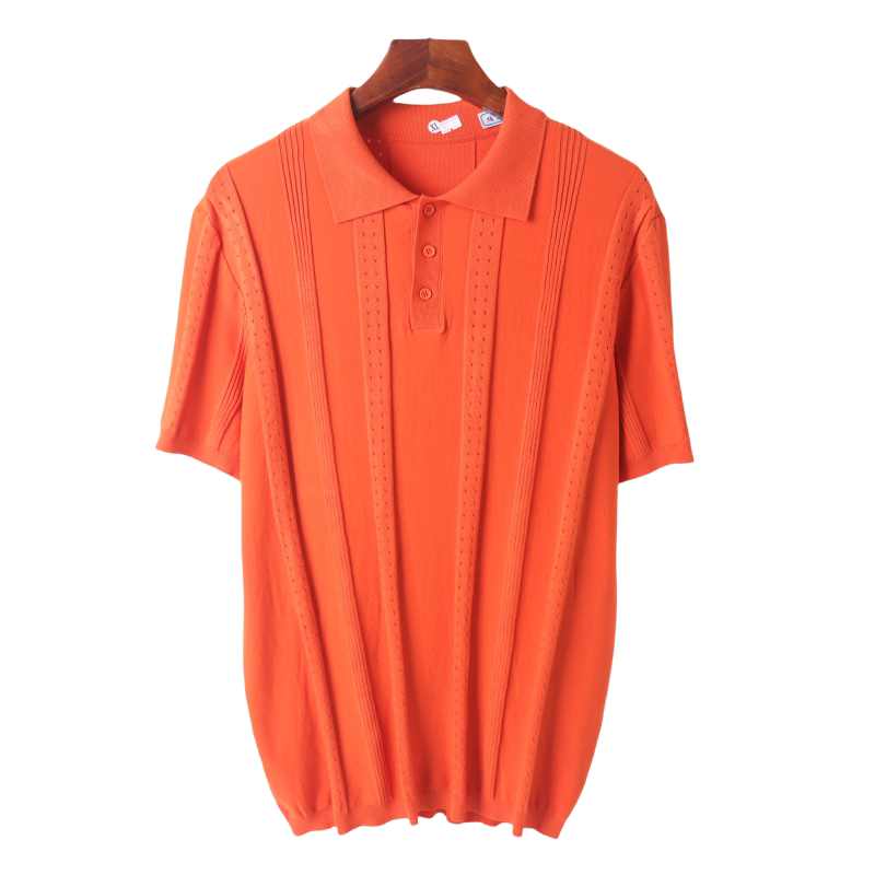 Men's Summer Knitwear with a Cool Feel, Featuring a Lapel, Button-Up, Pullover Design, Hollow-Out Polo Short-Sleeve T-Shirt 13437