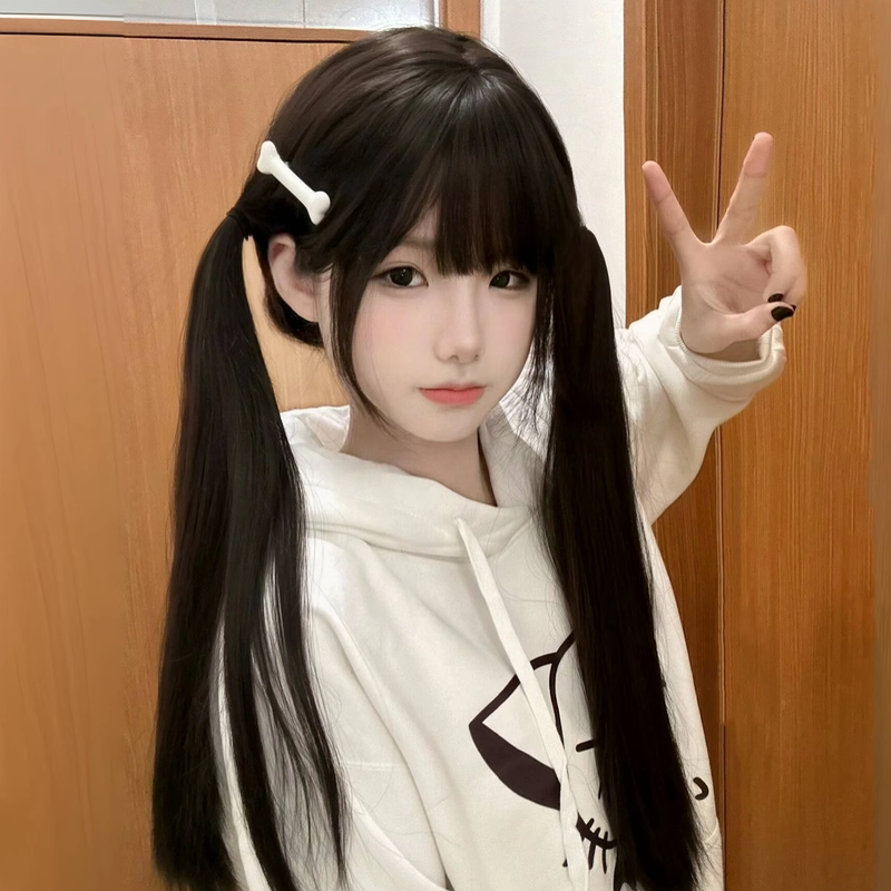 Wig for Women, Long Straight Hair, Japanese Style Jk, Black Long Straight Full Wig, Sweet and Natural, Everyday Double Ponytail, Black Full Wig