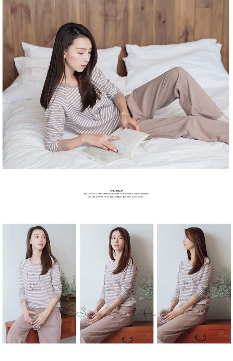 Bộ đồ ngủ hàng đầu 瓜 dưa dưa mùa xuân 100% cotton sọc đơn giản thời trang dài tay phù hợp với dịch vụ gia đình bộ khủng long dễ thương