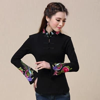 Mùa thu mới gió quốc gia Trung Quốc phụ nữ thêu áo cổ áo khóa tay áo retro kèn tay áo thun dài tay áo thun tay lỡ