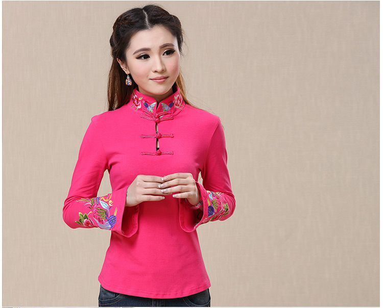 Phong cách quốc gia mùa thu đông mới áo sơ mi nữ thêu Áo thun dáng dài tay nữ kiểu Trung Quốc thêu áo cỡ lớn áo thun thể thao nữ
