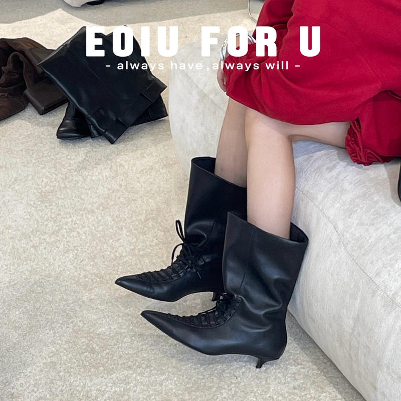 Spicy Girl Style Retro Niche Model! Eoiu7.01 Ballet Style Lace-Up Pointed Toe High-Heeled Genuine Leather Boots Short Boots Women's Boots Spicy Girl Style Retro Niche Model! Eoiu7.01 Ballet Style Lace-Up Pointed Toe High-Heeled Genuine Leather Boots Short Boots Women's Boots