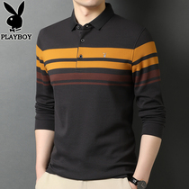 Playboy dad T-shirt men long sleeve autumn lapel cotton polo shirt stripes middle-aged with lead on clothes