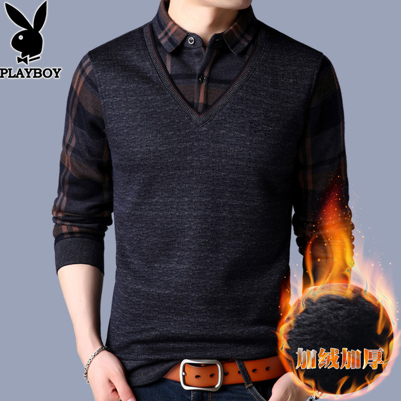 Playboy long sleeve T-shirt leave two pieces of sweater middle-aged man knit blouse plus thickening warm coat