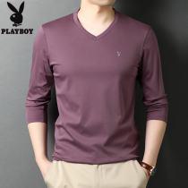 Playboy mercerized cotton long sleeve T-shirt men loose cotton V neck base shirt autumn coat chicken heart collar small shirt tide