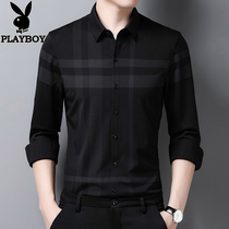 Playboy mens long sleeve shirt spring and autumn thin plaid shirt mens young business casual inch shirt Mens