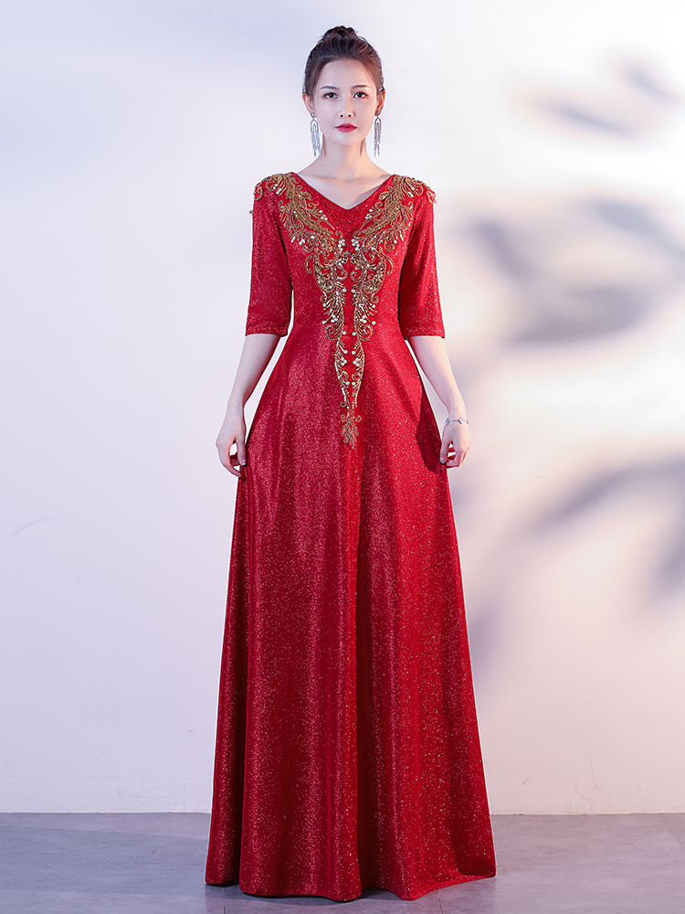 Red evening dress, suit, long skirt, for middle age