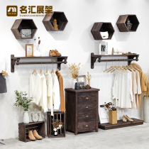 Solid wood clothing store display rack on the wall front side hanger womens clothing store display decoration layout props clothes rod