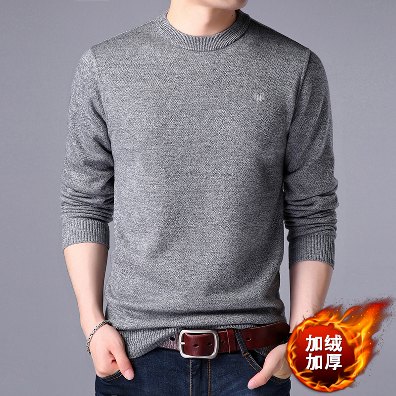 Áo len nam mùa đông cashmere cổ tròn cộng với áo len dệt kim nhung dày trung niên áo len màu đậm bố rộng cardigan nam