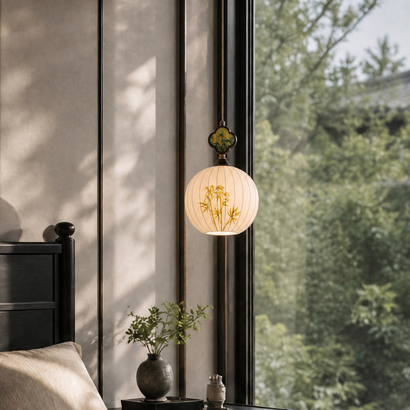 Clear Mirror, Clear Vision: Song-Style Aesthetic Bamboo Lampshade Small Pendant Light, Bedroom Bedside Ambience Round Fabric Decorative Lamp Clear Mirror, Clear Vision: Song-Style Aesthetic Bamboo Lampshade Small Pendant Light, Bedroom Bedside Ambience Round Fabric Decorative Lamp