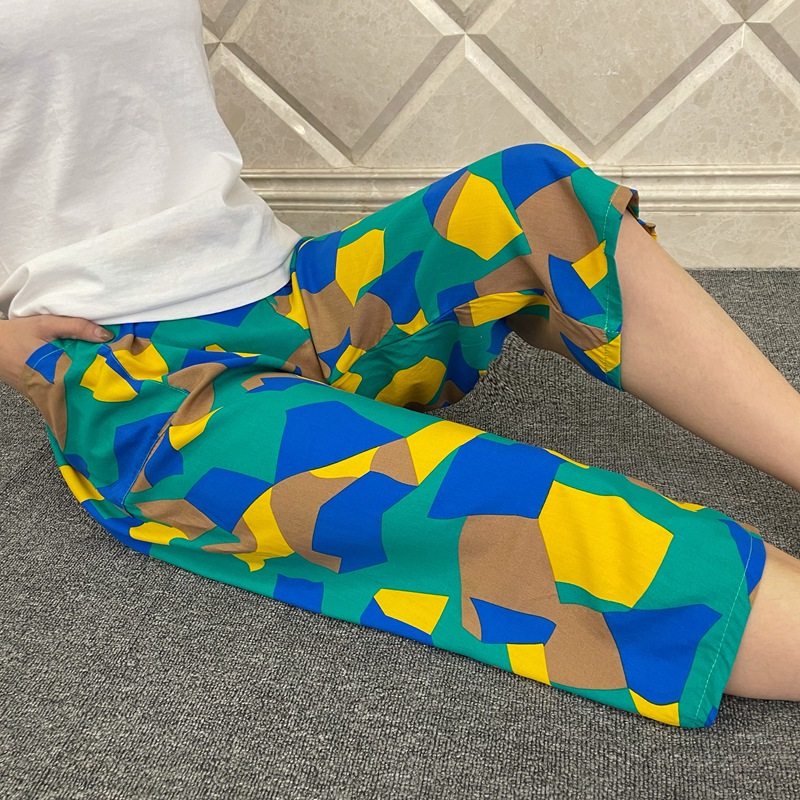 Spring/Summer Ladies Cotton Satin Pants Cropped Home Pants Men and Women Couples Five Pants Artificial Cotton Pajama Pants Casual Flower Pants