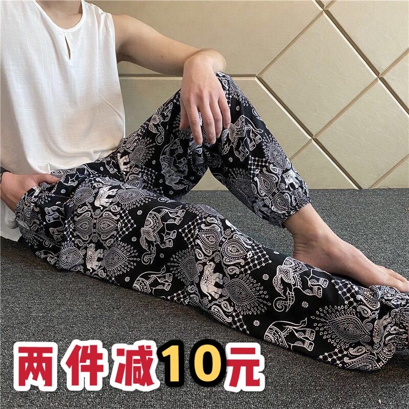 Summer money for men and women pants lovers large size cotton silk artificial cotton light cage pants wide leg bunches pants slim home pants sleeping pants long pants