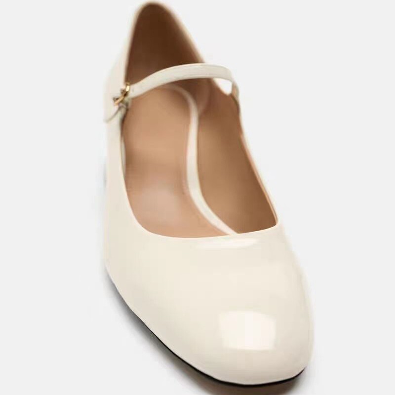 Туфли Мэри Джейн 西班牙2024春季新品方头浅口中空女鞋淡米色玛丽珍芭蕾风高跟凉鞋