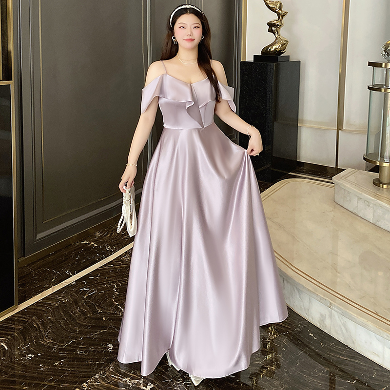 Plus-Size Purple Satin Bridesmaid Dress for Curvy Women 100kg - Elegant, Slimming, High-End, Unique Performance Dress