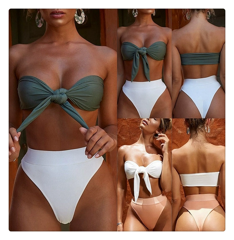 2019 bikini thắt nút gợi cảm bikini nữ eo cao với miếng đệm ngực tập hợp các mẫu nổ châu Âu và Mỹ gợi cảm chất lượng cao màu xanh lá cây