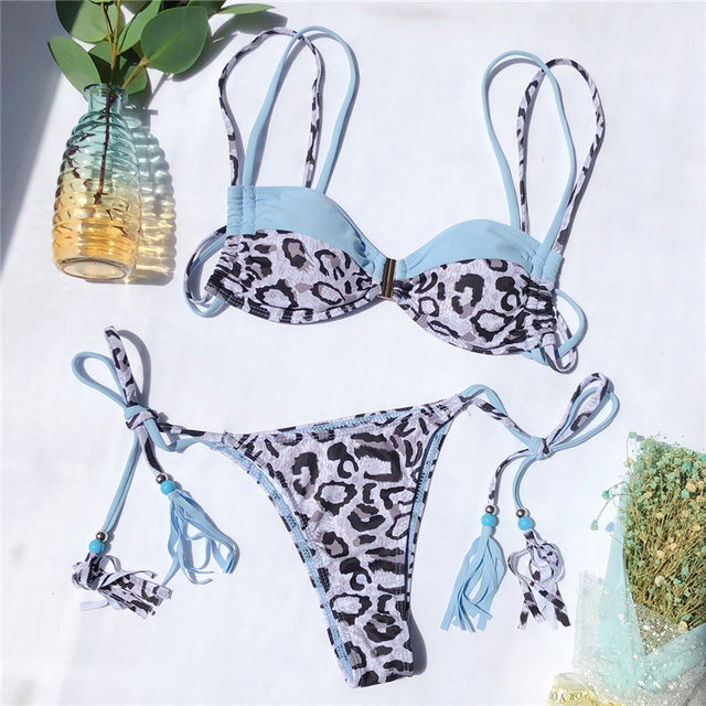 2020 New Bikini AliExpress ຂາຍຮ້ອນສີຟ້າ Spliced ​​Sexy Split Swimsuit Leopard Print two-piece Swimsuit for Women